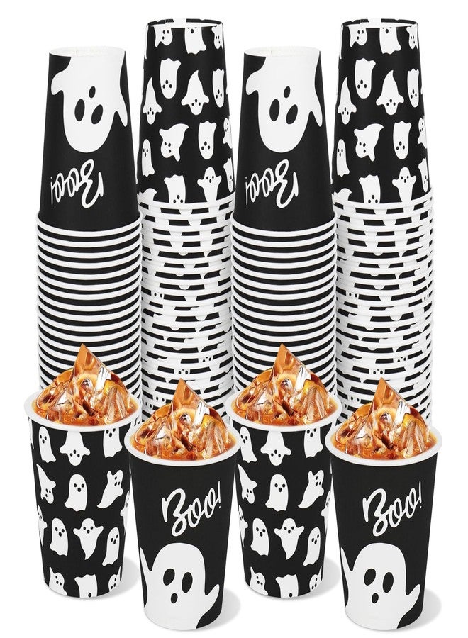 JarThenaAMCS 100 Pcs Halloween Ghost Paper Cups Black White Ghost Boo Disposable Cups for Hot Cold Drinks Halloween Birthday Holiday Party Table Supplies, 9 Oz - Image 1